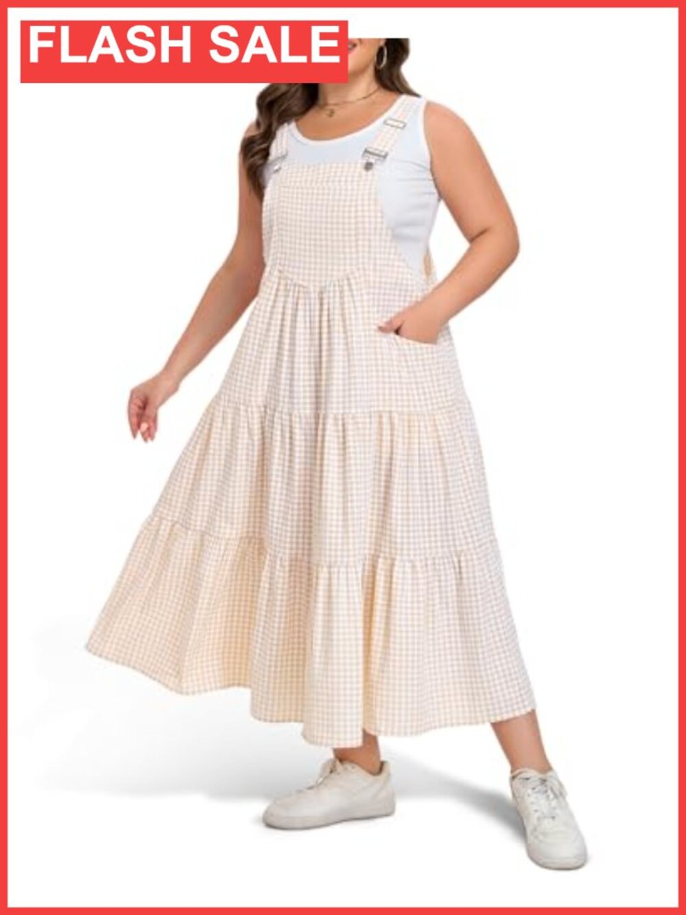 Plus Size Plaid Overall Dress with Pockets Adjustable Straps A-Line Maxi